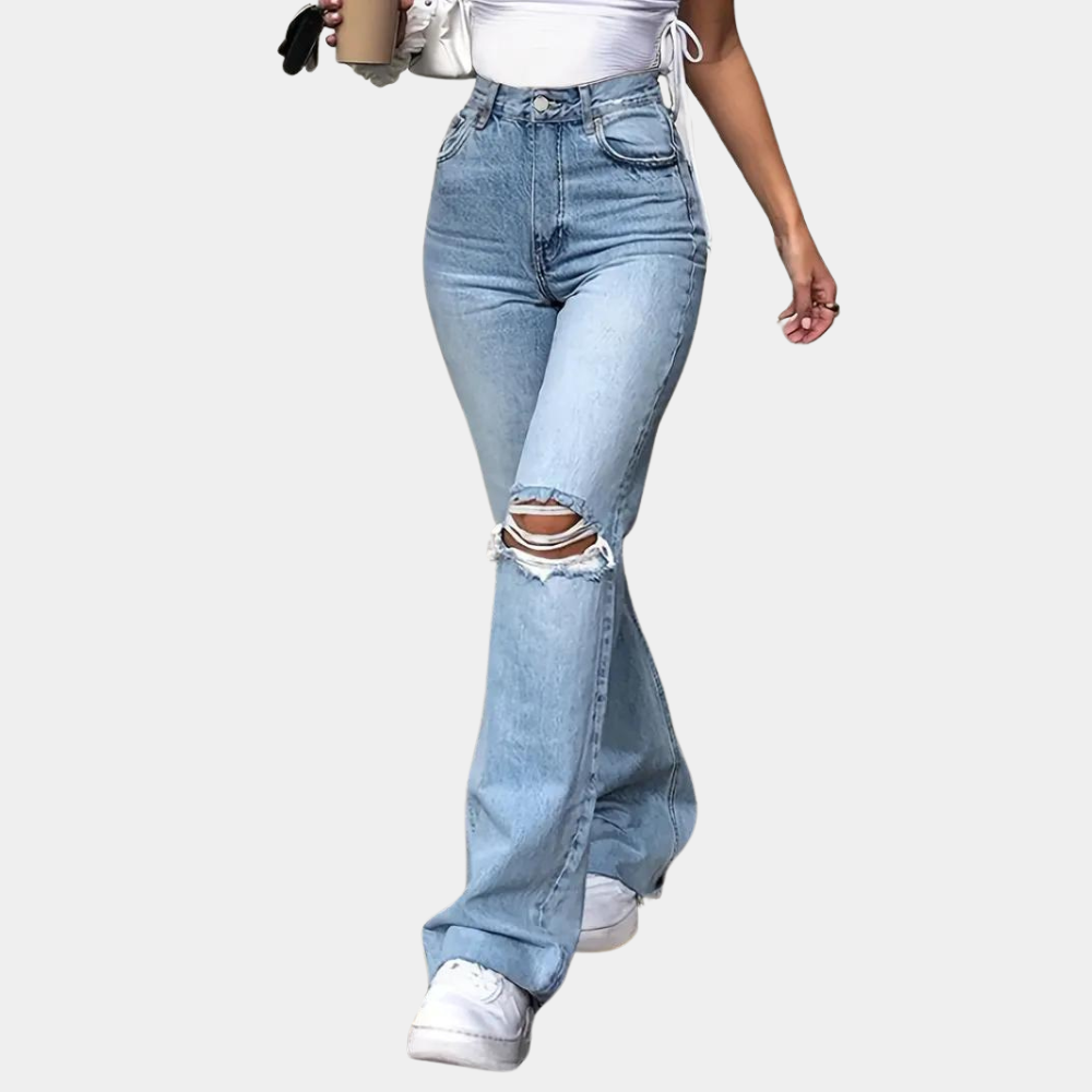 Elegant women's high-waisted trousers with original ripped accents from Primavera brand