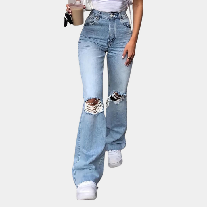Elegant women's high-waisted trousers with original ripped accents from Primavera brand