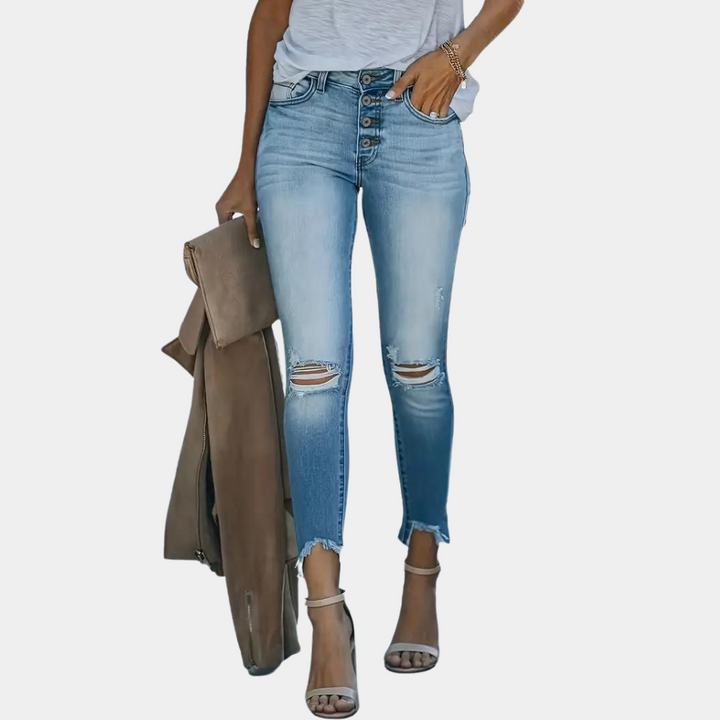 Stylish Abolins women's jeans with eye-catching buttons and on-trend rubbed details