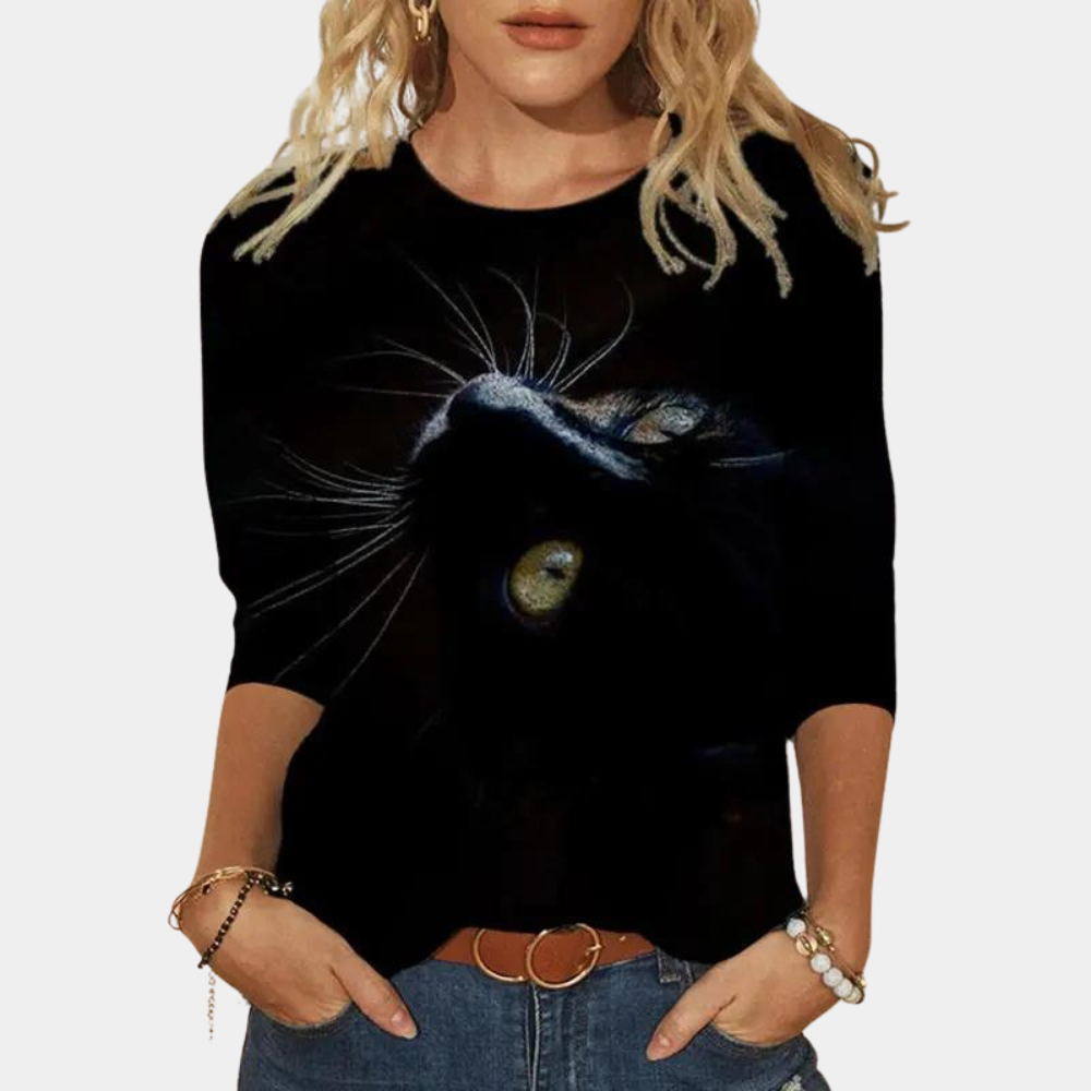 Elegant feminine blouse with charming cat motif