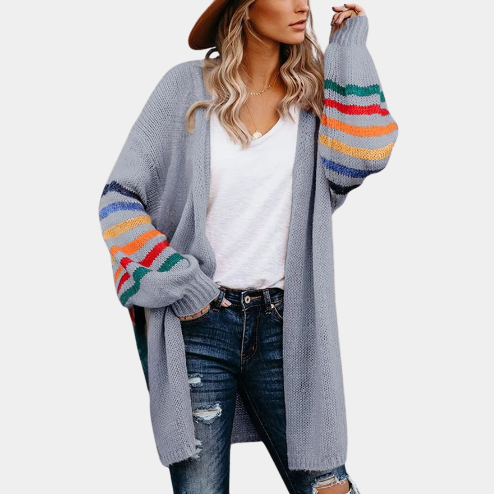 Stylish women's cardigan with striking glittery rainbow print