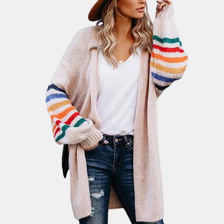 Stylish women's cardigan with striking glittery rainbow print