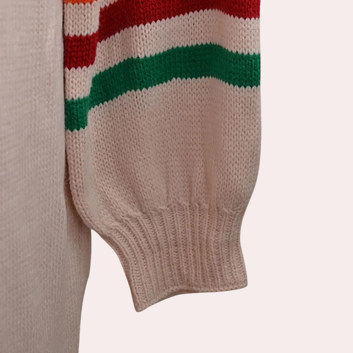 Stylish women's cardigan with striking glittery rainbow print