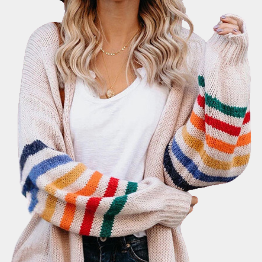 Stylish women's cardigan with striking glittery rainbow print