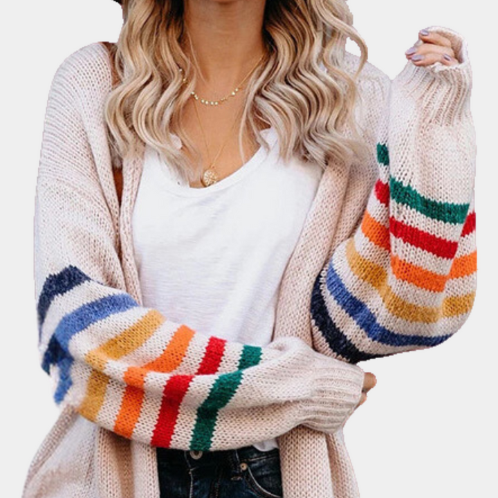Stylish women's cardigan with striking glittery rainbow print