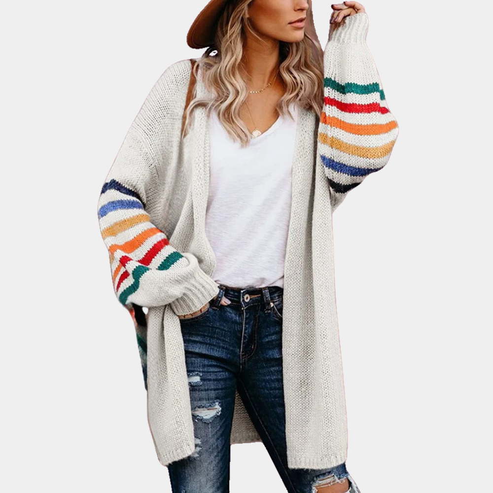 Stylish women's cardigan with striking glittery rainbow print