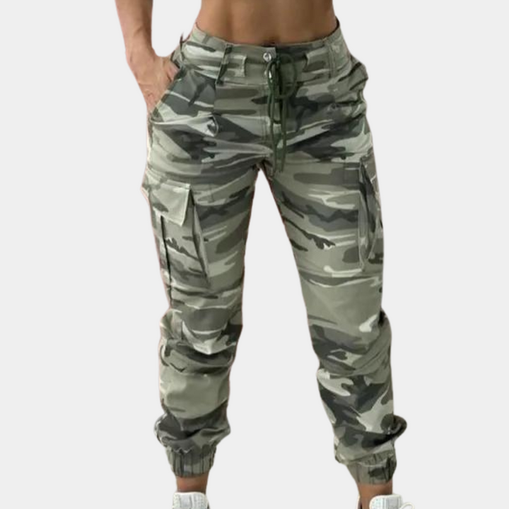 Elegant women's cargo trousers in an attractive camouflage pattern