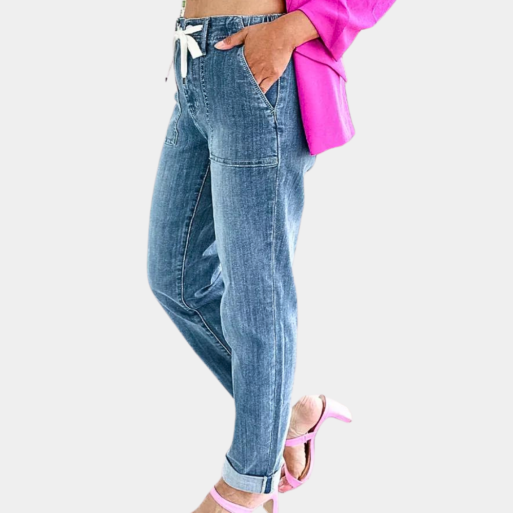 Elegant women's high-waisted trousers with a practical drawstring for adjustment