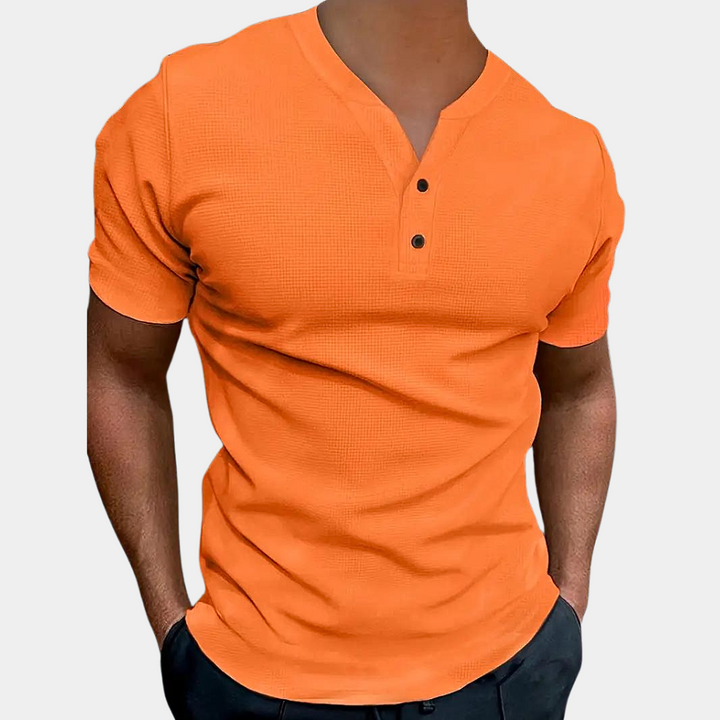 Stylish men's T-shirt in on-trend orange with an elegant scoop neckline