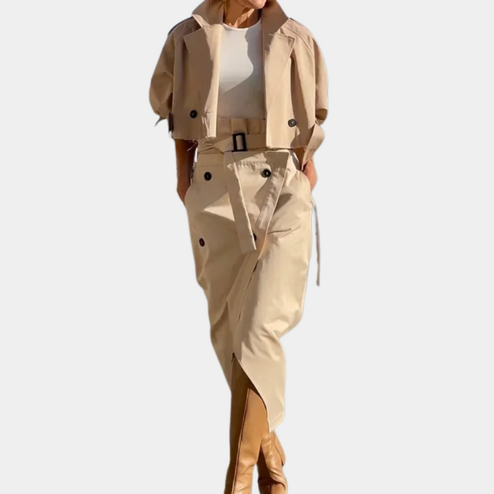 A classic set of elegant women's trench coats in a timeless style of sophisticated fashion