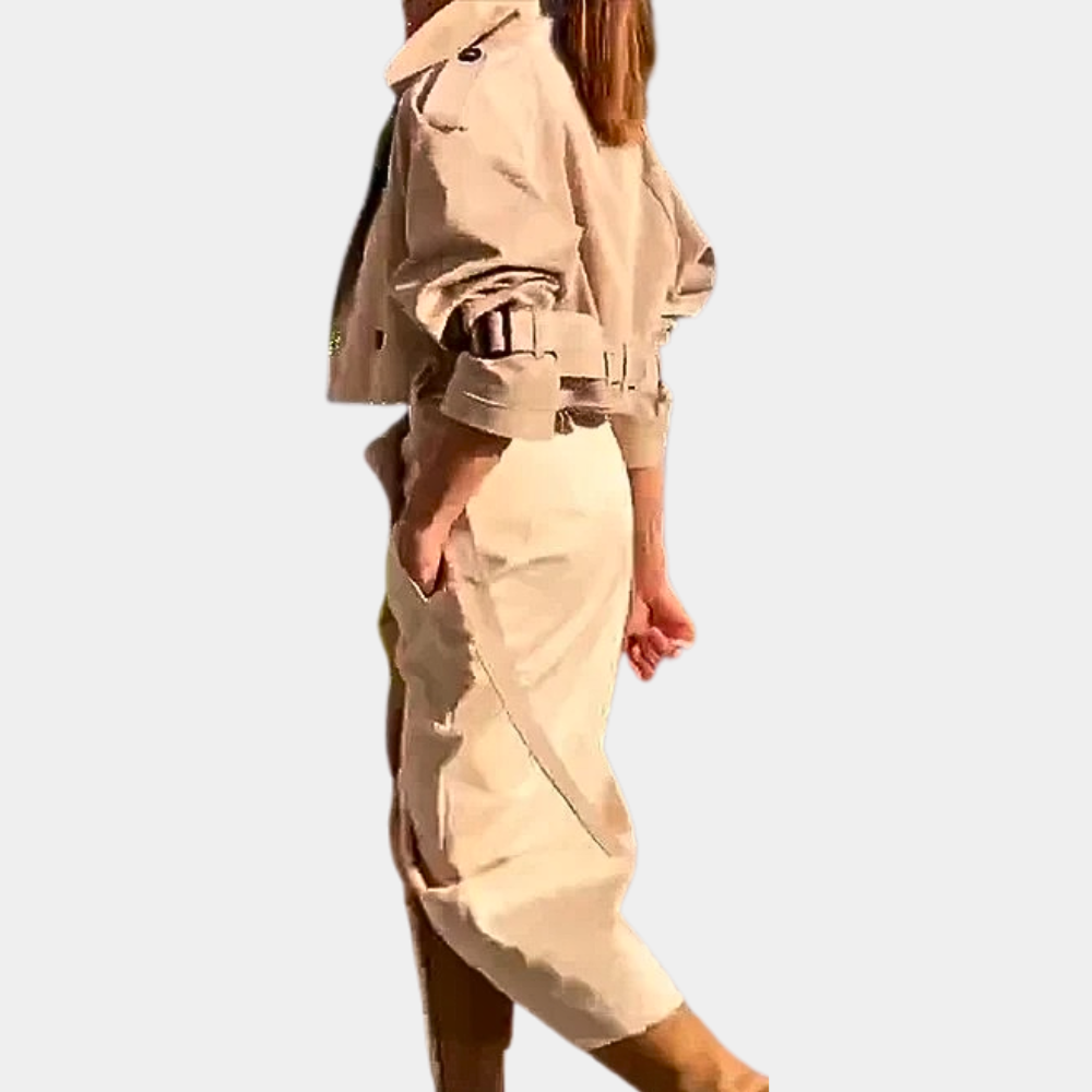 A classic set of elegant women's trench coats in a timeless style of sophisticated fashion
