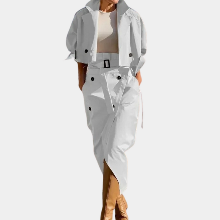 A classic set of elegant women's trench coats in a timeless style of sophisticated fashion