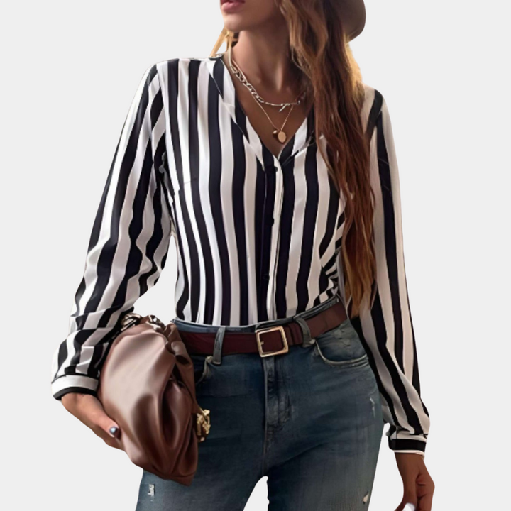 Stylish women's V-neck top in a trendy stripe design