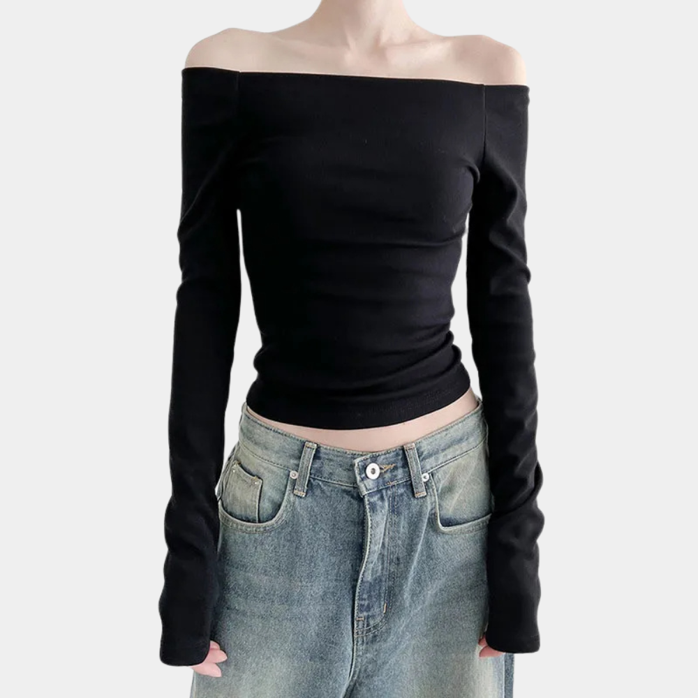 Stylish women's summer blouse with long sleeves and striking open shoulders