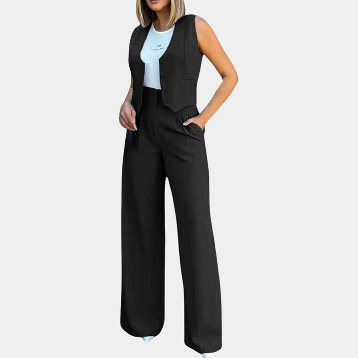 Sophisticated set for women: elegant cardigan and fashionably tailored trousers
