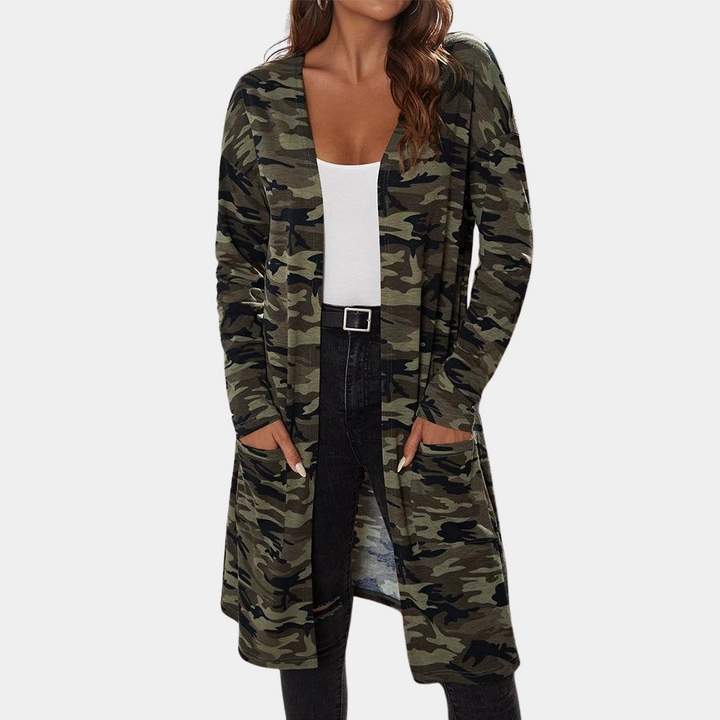 Stylish long jacket for women in fashionable camouflage with practical pockets from Prisca brand