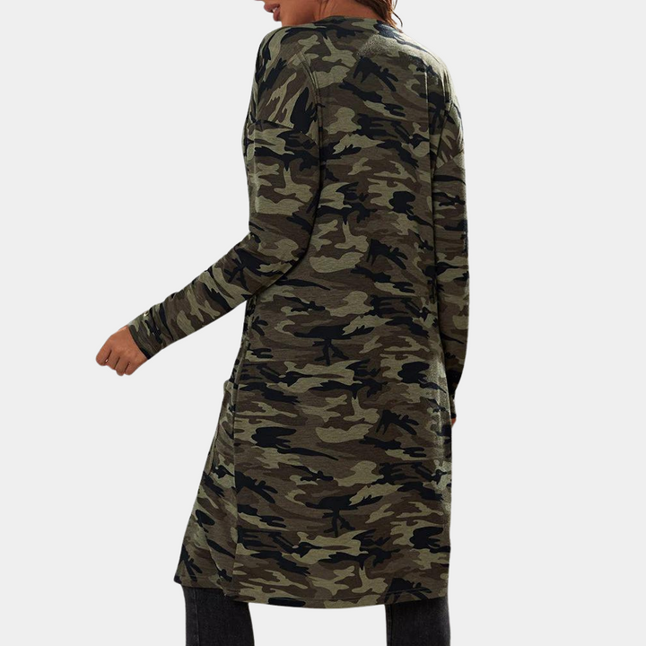 Stylish long jacket for women in fashionable camouflage with practical pockets from Prisca brand