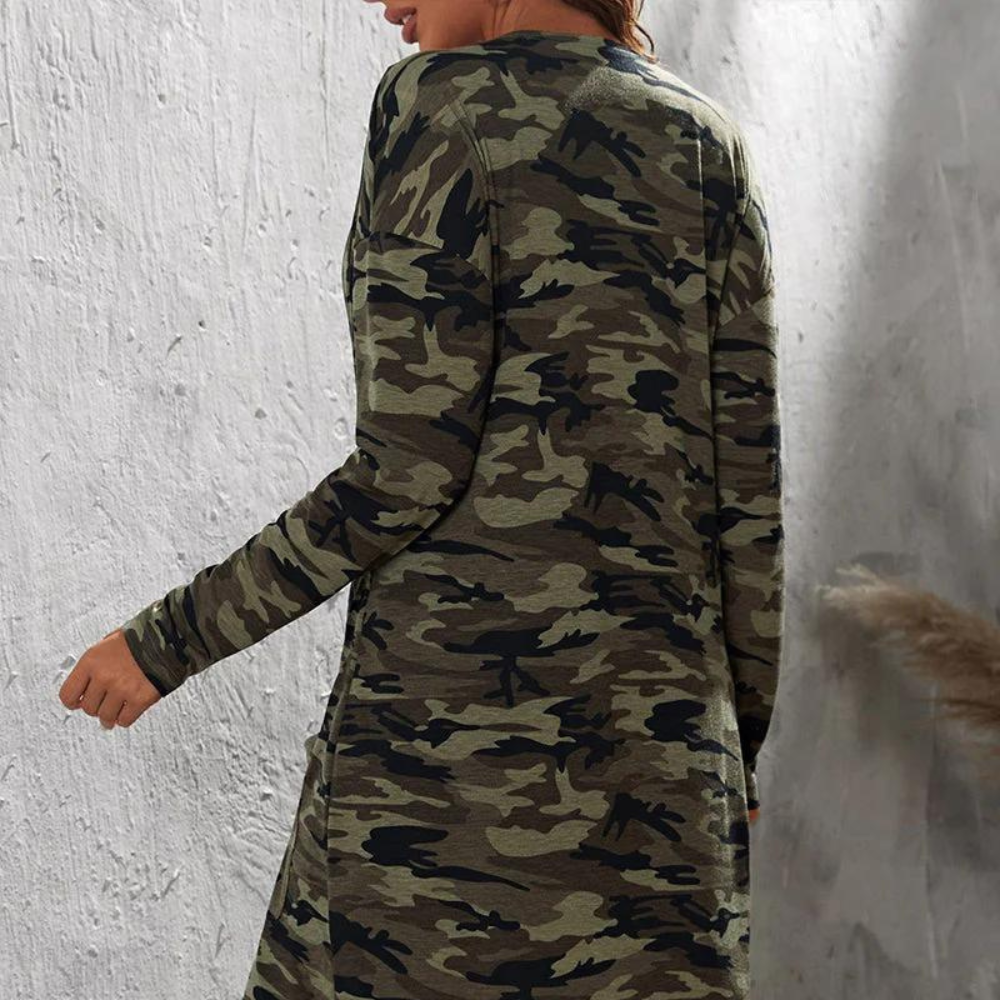 Stylish long jacket for women in fashionable camouflage with practical pockets from Prisca brand