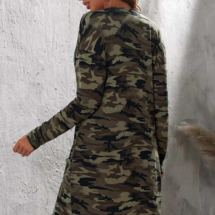 Stylish long jacket for women in fashionable camouflage with practical pockets from Prisca brand