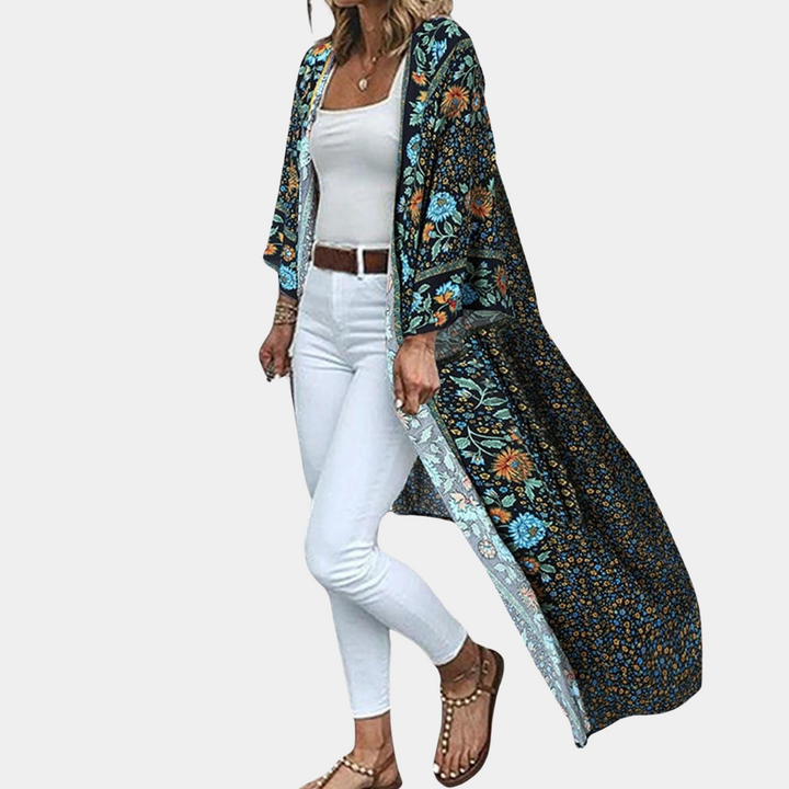 Stylish long-sleeved cardigan with beautiful bohemian flowers
