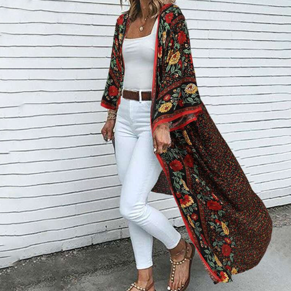 Stylish long-sleeved cardigan with beautiful bohemian flowers