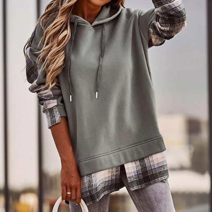 Elegant long-sleeved jumper in a stylish patchwork pattern - April