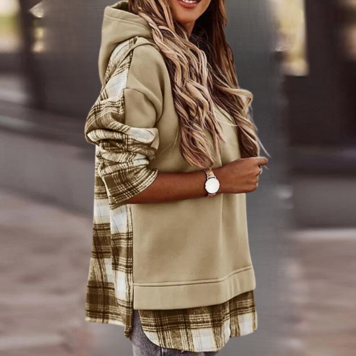 Elegant long-sleeved jumper in a stylish patchwork pattern - April