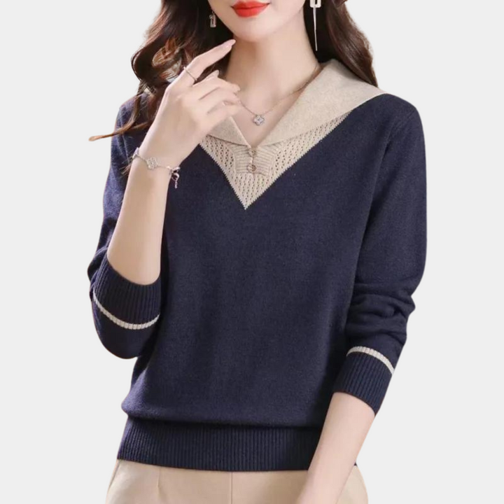 Elegant women's jumper with a v-neck and stylish patchwork pattern