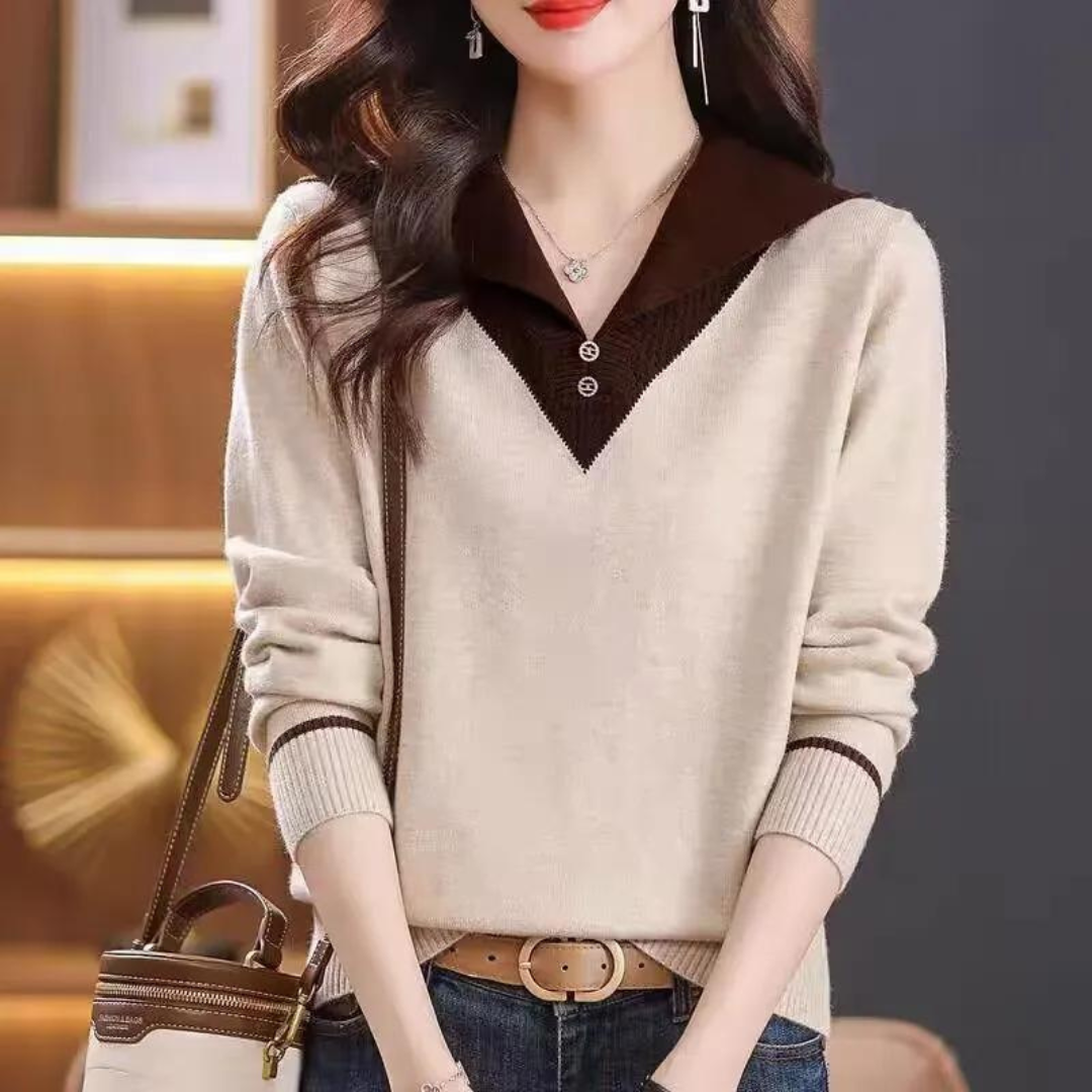 Elegant women's jumper with a v-neck and stylish patchwork pattern