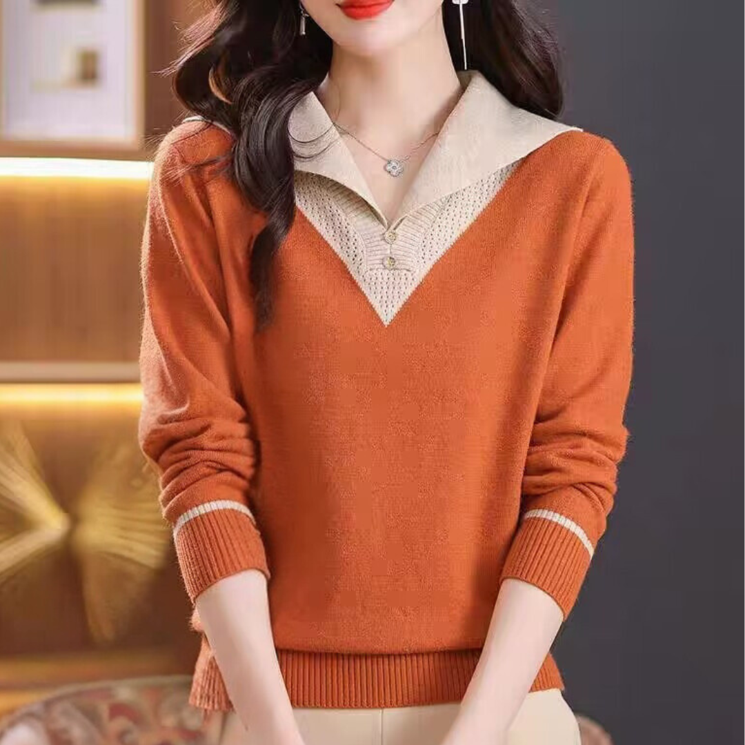 Elegant women's jumper with a v-neck and stylish patchwork pattern