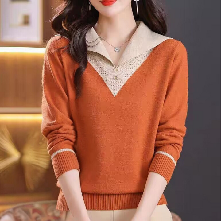 Elegant women's jumper with a v-neck and stylish patchwork pattern