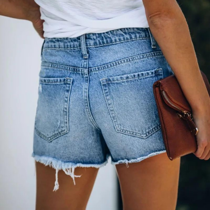 Stylish Hildegard asymmetrical denim shorts for women