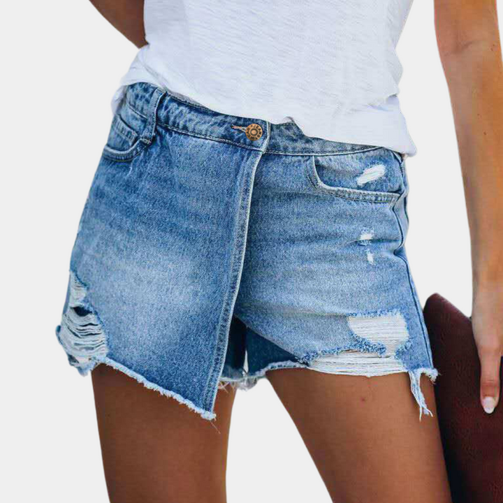 Stylish Hildegard asymmetrical denim shorts for women