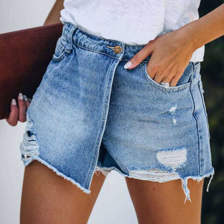 Stylish Hildegard asymmetrical denim shorts for women