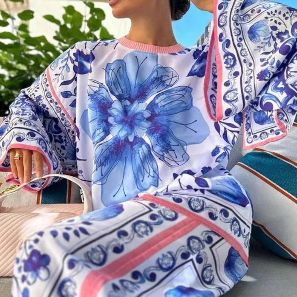 A unique women's outfit with a stunning floral motif