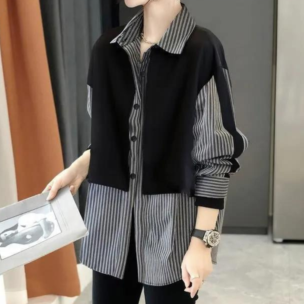 Stylish women's long-sleeved shirt in fashionable stripe - Eilidh