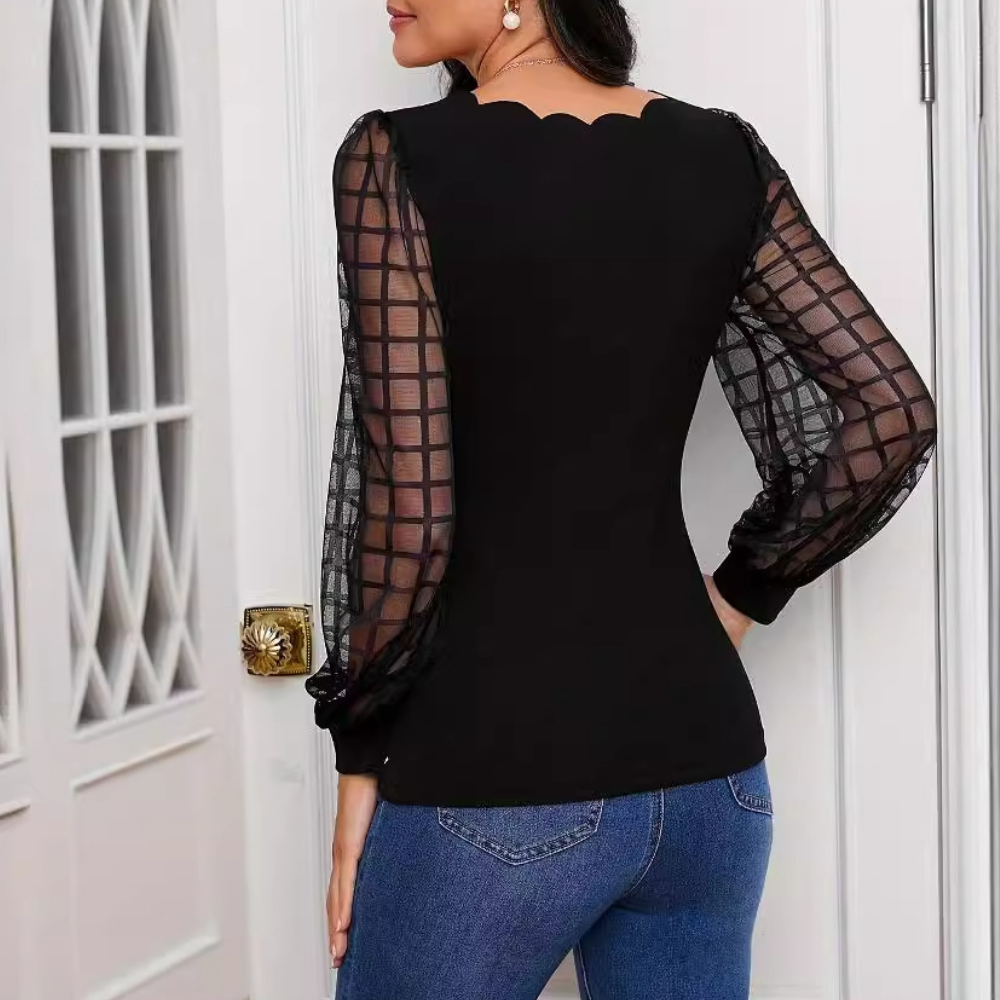 Ronja - Stylish top with pointed neckline and unique ruffled accents