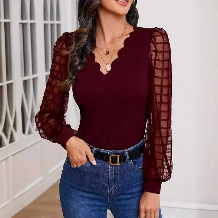 Ronja - Stylish top with pointed neckline and unique ruffled accents