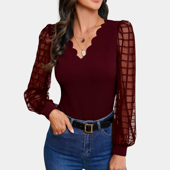 Ronja - Stylish top with pointed neckline and unique ruffled accents