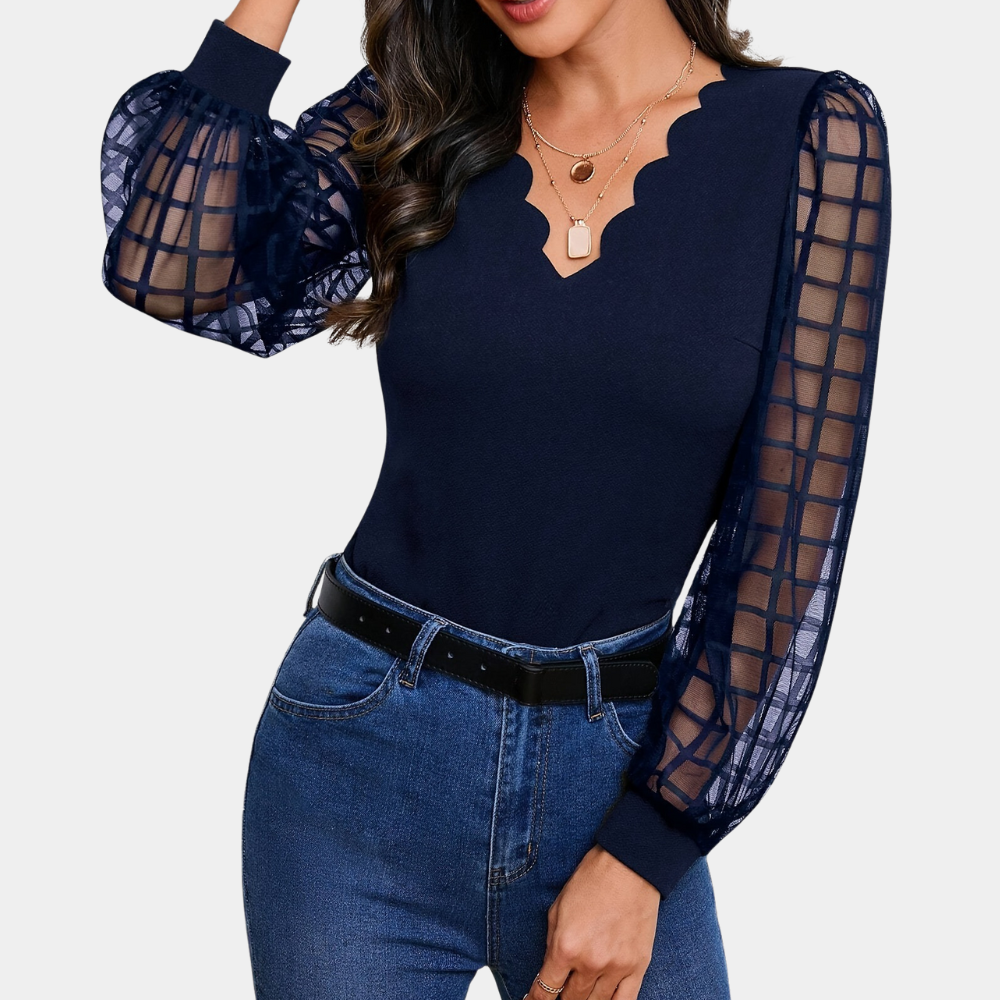 Ronja - Stylish top with pointed neckline and unique ruffled accents