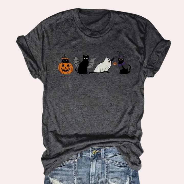 Kati - Stunning graphic T-shirt with Funtastic Cat & Pumpkin motif