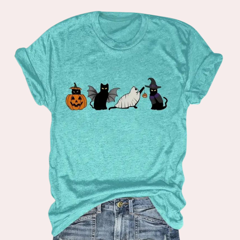 Kati - Stunning graphic T-shirt with Funtastic Cat & Pumpkin motif