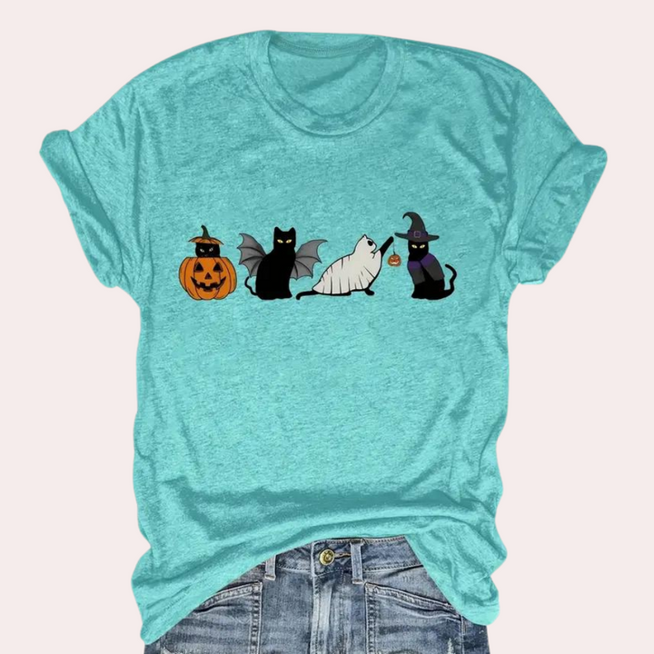 Kati - Stunning graphic T-shirt with Funtastic Cat & Pumpkin motif