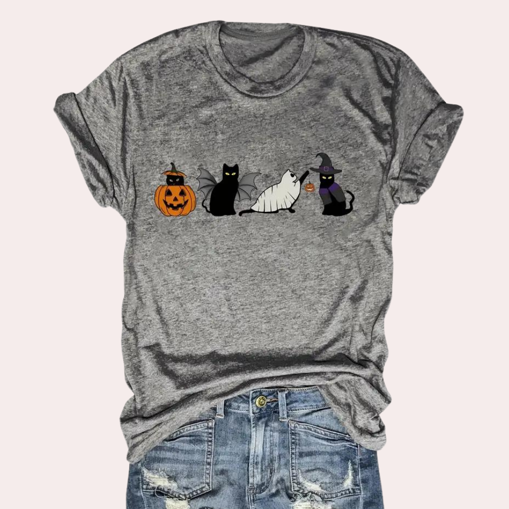Kati - Stunning graphic T-shirt with Funtastic Cat & Pumpkin motif
