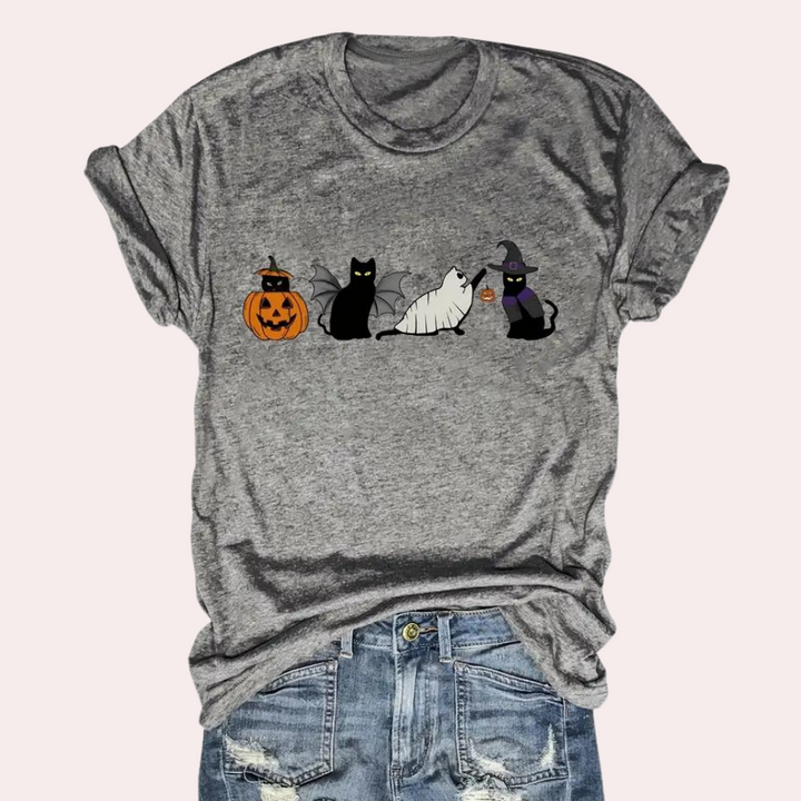 Kati - Stunning graphic T-shirt with Funtastic Cat & Pumpkin motif